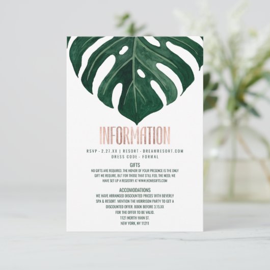 Modern Tropisch Zwitsers Kaasblad Roos Gouddetail Informatiekaartje (Staand voorkant)