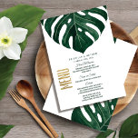 Modern Tropisch Zwitsers kaasdeeg met goudweddensc Menu<br><div class="desc">Elegant, modern en eenvoudig groen waterverf tropisch strand zwitserse kaas monstera leaf op witte achtergrond met faux gedrukte gouden folie-typografie zomerkaarten voor de ontvangst van zomerkampen. Dit klassiek en gesofisticeerd ontwerp is perfect voor de klastige, stijlvolle en trendy trouwreceptie. Personaliseer met uw eigen menu op de voorzijde, samen met uw...</div>