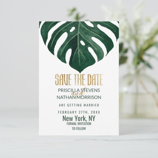 Modern Tropisch Zwitsers kaasdeeg met goudweddensc Save The Date (Staand voorkant)