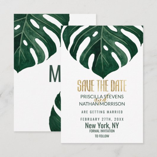 Modern Tropisch Zwitsers kaasdeeg met goudweddensc Save The Date (Voorkant / Achterkant)