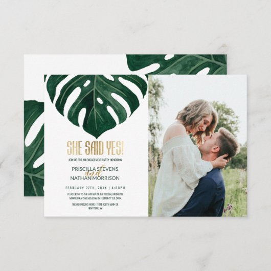 Modern Tropisch Zwitsers Verloving met Leaf Gold Aankondiging (Voorkant / Achterkant)