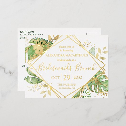 Modern Tropische Bridesmaids Brunch Gold Folie Uitnodiging Briefkaart (Voorkant / Achterkant)