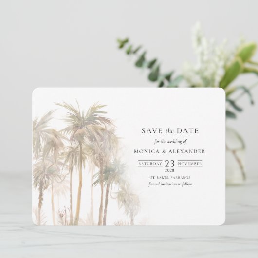Modern Tropische Palm Trees Wedding Save The Date (Staand voorkant)