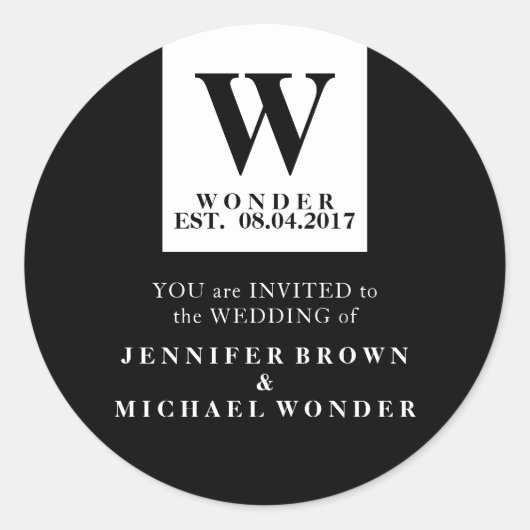 Modern Trouw Monogram Zwart Ronde Sticker (Voorkant)