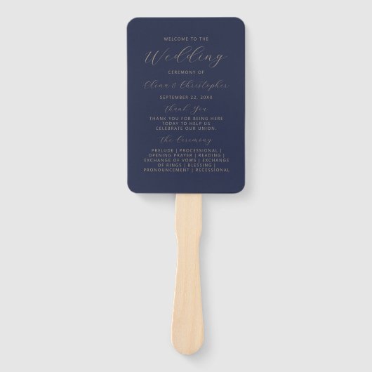 Modern Trouwprogramma met Navy Blauwe en Gouden Sc Handwaaier (Voorkant)