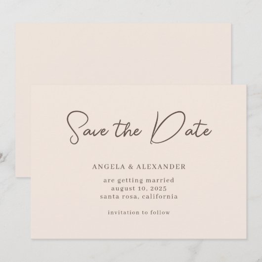 Modern Trouwscript Beige Bruin Save The Date (Voorkant / Achterkant)