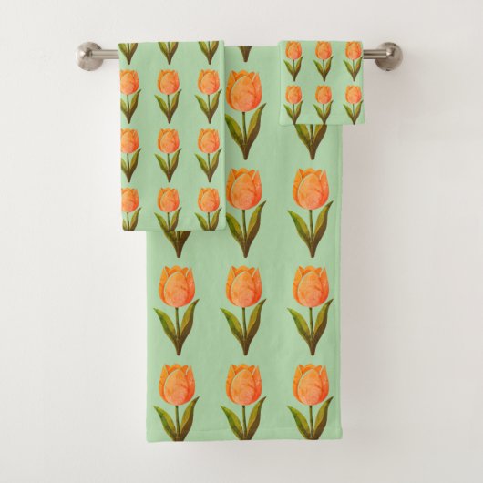Modern tulp bloempatroon op lichtgroen bad handdoek (Insitu)