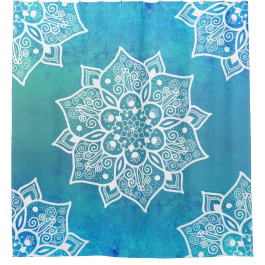 Modern turkooise blue ombre waterverf mandala douchegordijn (Voorkant)