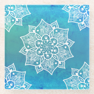 Modern turkooise blue ombre waterverf mandala glazen onderzetter