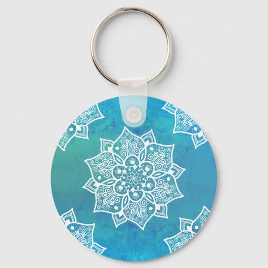 Modern turkooise blue ombre waterverf mandala sleutelhanger (Voorkant)