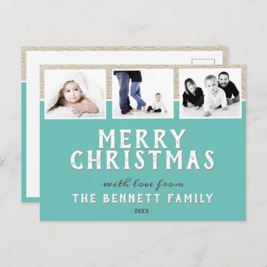 Modern Turquoise 3 Photo Collage Kerstmis Briefkaart (Voorkant / Achterkant)