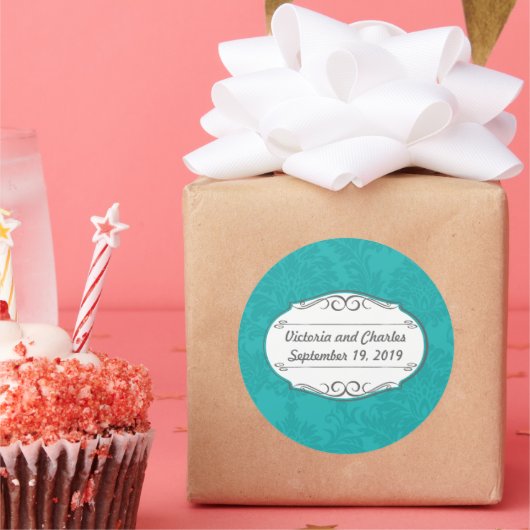 Modern Turquoise Blauwgroen Blauw Damask Bruiloft Ronde Sticker (Feest)