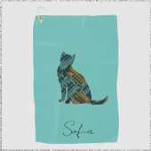 Modern Turquoise Blue en Gold Cat Golfhanddoek