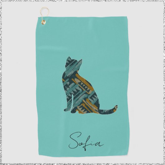 Modern Turquoise Blue en Gold Cat Golfhanddoek