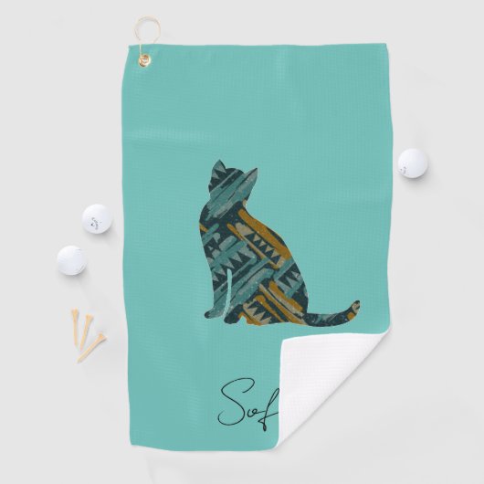 Modern Turquoise Blue en Gold Cat Golfhanddoek (Insitu)