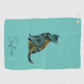 Modern Turquoise Blue en Gold Cat Golfhanddoek (Horizontaal)