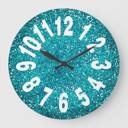 Modern Turquoise Blue Glitter Large Numbers Grote Klok (Voorkant)