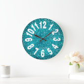 Modern Turquoise Blue Glitter Large Numbers Grote Klok (Huis)