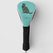 Modern Turquoise Blue & Gold Cat Golf Head Hoesje Golfheadcover (Voorkant)