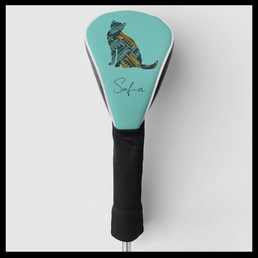 Modern Turquoise Blue & Gold Cat Golf Head Hoesje Golfheadcover