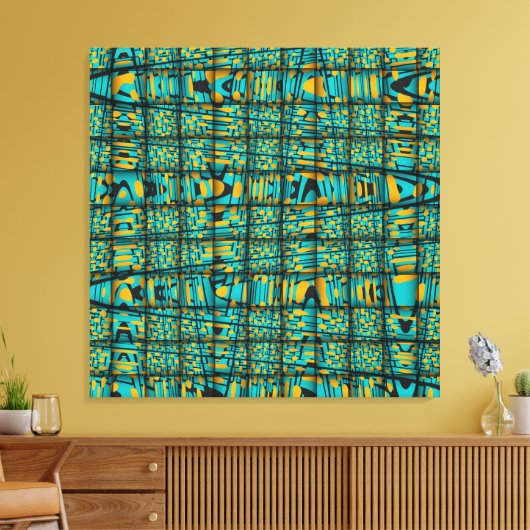 Modern Turquoise Blue Oranje Weave Wave Pattern Canvas Afdruk (Insitu (Woonkamer))