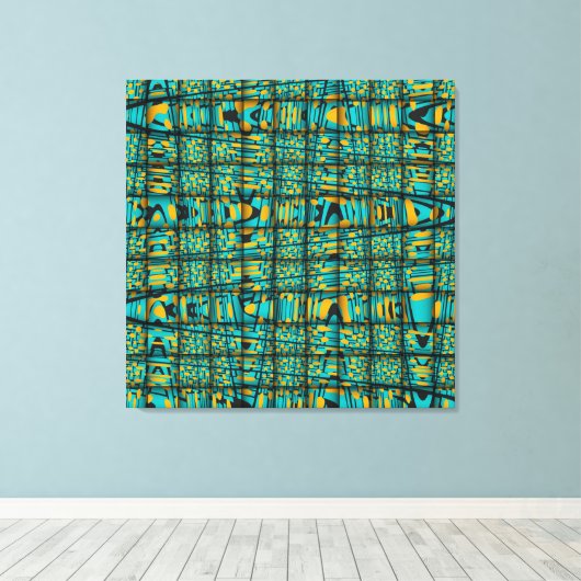 Modern Turquoise Blue Oranje Weave Wave Pattern Canvas Afdruk (Insitu (Houten vloer))