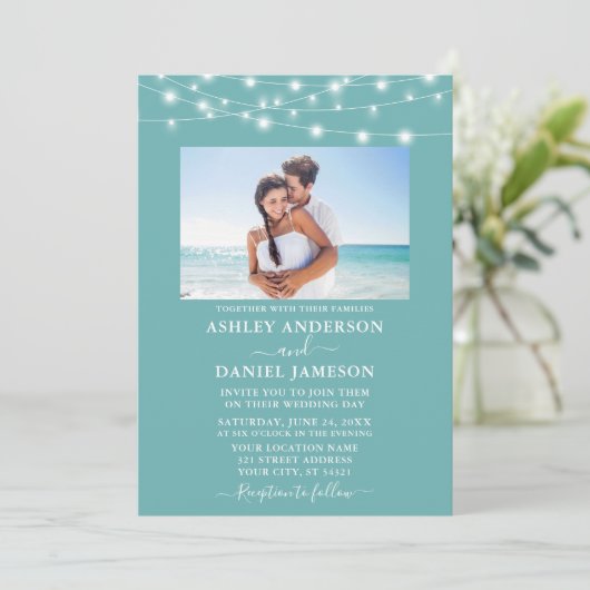 Modern Turquoise Blue String Lights Photo Wedding Kaart (Staand voorkant)