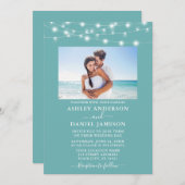 Modern Turquoise Blue String Lights Photo Wedding Kaart (Voorkant / Achterkant)