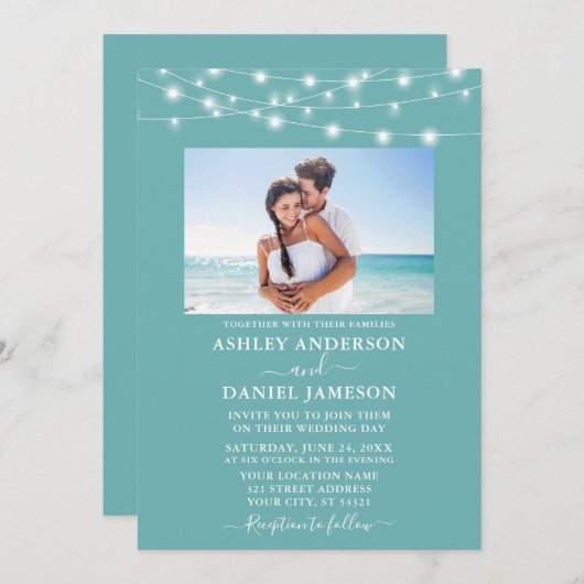 Modern Turquoise Blue String Lights Photo Wedding Kaart (Voorkant / Achterkant)