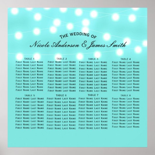 Modern Turquoise Blue & String Lights Seating Poster (Voorkant)