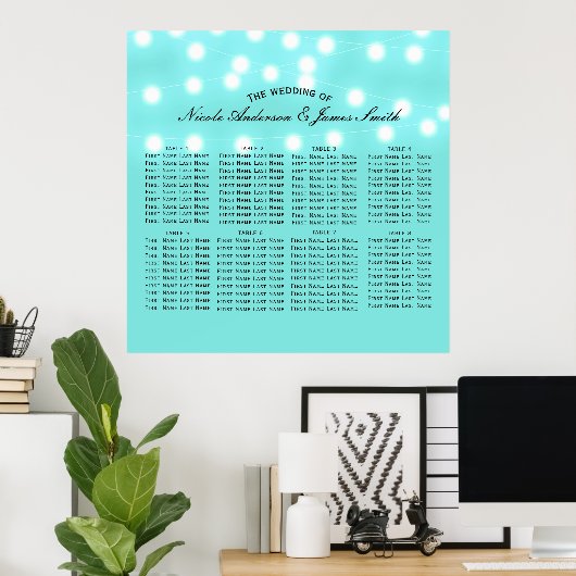 Modern Turquoise Blue & String Lights Seating Poster (Thuiskantoor)