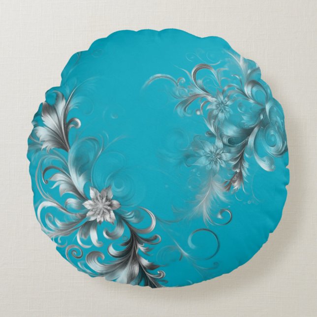 Modern Turquoise Blue with Ornate Silver Rond Kussen (Voorkant)