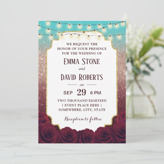 Modern Turquoise Burgundy Roos Gold Ombre Wedding Kaart (Staand voorkant)