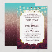 Modern Turquoise Burgundy Roos Gold Ombre Wedding Kaart (Voorkant / Achterkant)