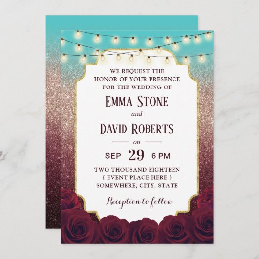 Modern Turquoise Burgundy Roos Gold Ombre Wedding Kaart (Voorkant / Achterkant)