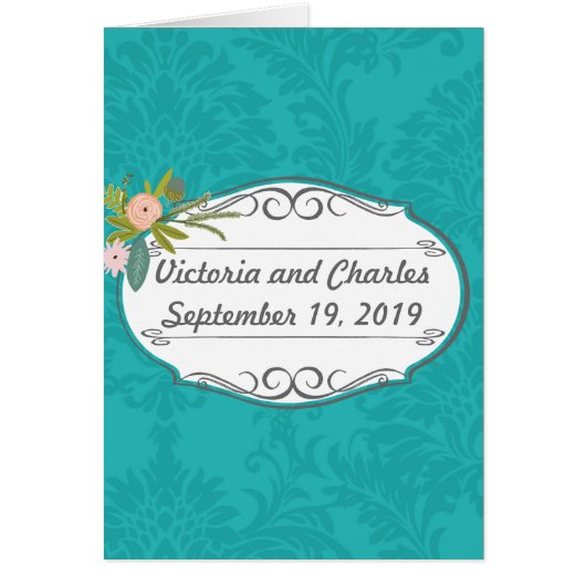 Modern Turquoise Chartreuse Damask Wedding (Voorkant)