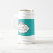 Modern Turquoise Chartreuse Damask Wedding Bierpul (Voorkant links)