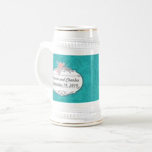Modern Turquoise Chartreuse Damask Wedding Bierpul (Voorkant links)