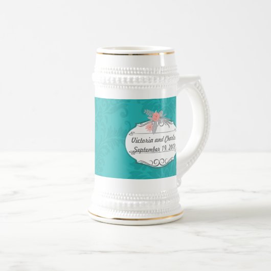 Modern Turquoise Chartreuse Damask Wedding Bierpul (Voorkant rechts)