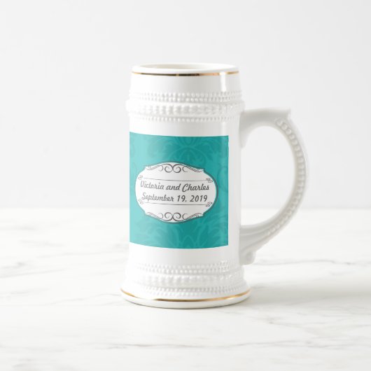 Modern Turquoise Chartreuse Damask Wedding Bierpul (Rechts)