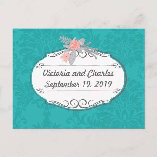 Modern Turquoise Chartreuse Damask Wedding Briefkaart (Voorkant)