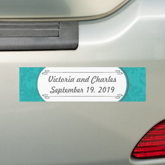 Modern Turquoise Chartreuse Damask Wedding Bumpersticker (Op auto)