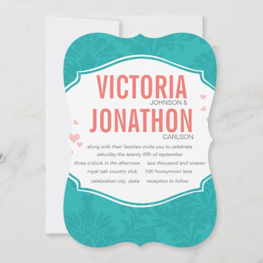 Modern Turquoise Chartreuse Damask Wedding Kaart (Voorkant)