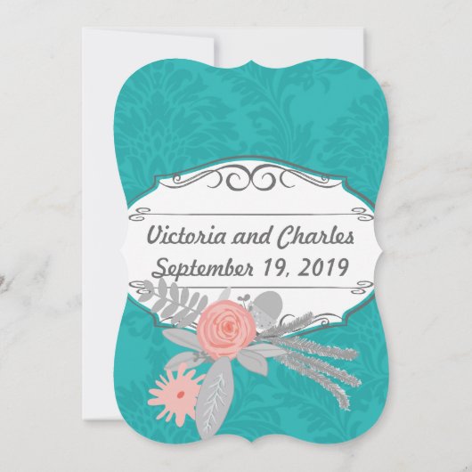 Modern Turquoise Chartreuse Damask Wedding Kaart (Achterkant)