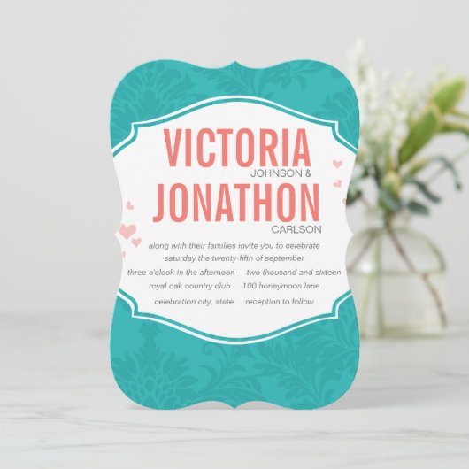 Modern Turquoise Chartreuse Damask Wedding Kaart (Staand voorkant)
