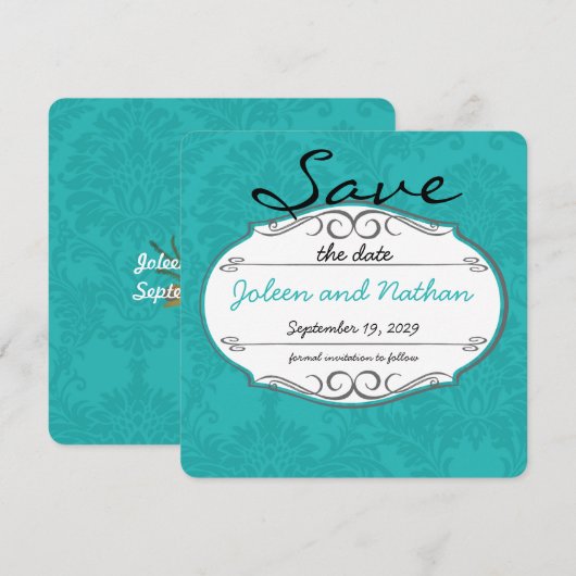 Modern Turquoise Chartreuse Damask Wedding Kaart (Voorkant / Achterkant)