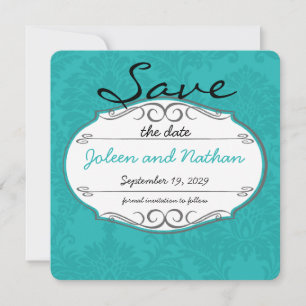 Modern Turquoise Chartreuse Damask Wedding Kaart