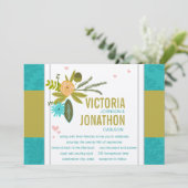 Modern Turquoise Chartreuse Damask Wedding Kaart (Staand voorkant)