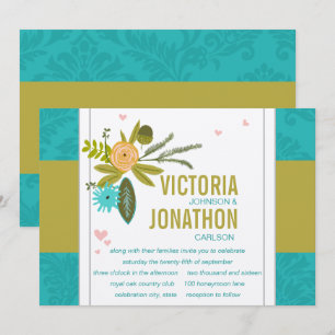 Modern Turquoise Chartreuse Damask Wedding Kaart