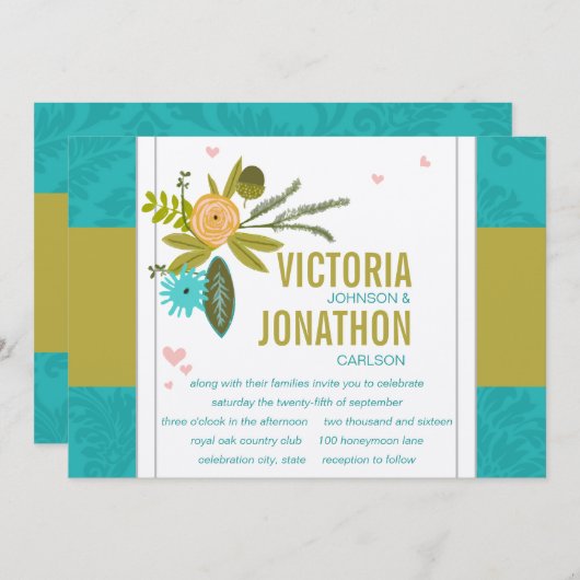 Modern Turquoise Chartreuse Damask Wedding Kaart (Voorkant / Achterkant)